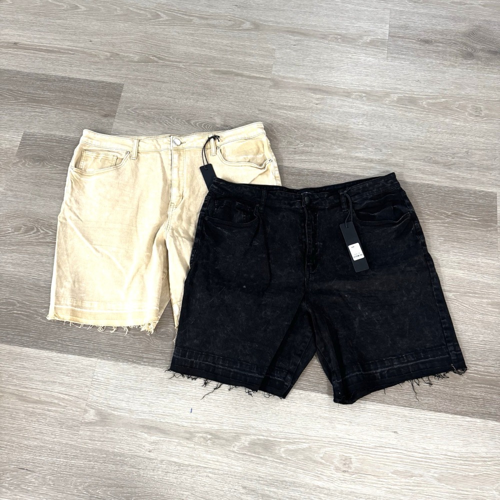 NWT Lot 2 Fashion Nova Tan‎ Black Mojave Relaxed Denim Jean Shorts Size 36